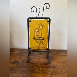 Yellow Kokopelli Glass Art with Black Metal Cast Iron Tea Light Candle holder